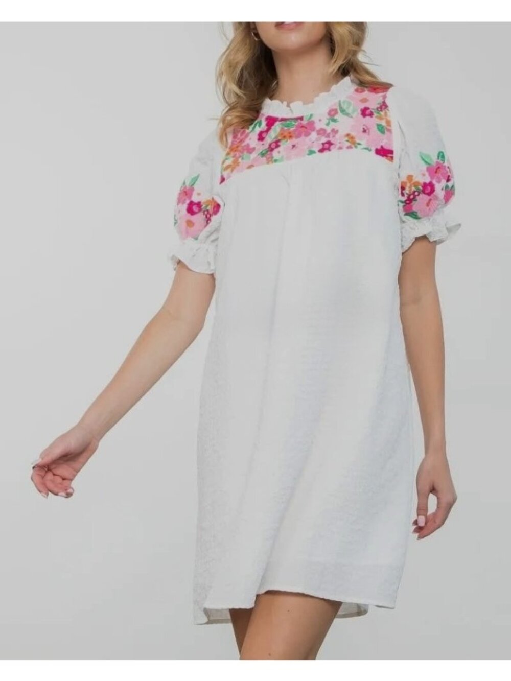 NEW NWT THML White Crinkle shift Embroidered Dress puff slv lined cottage core S